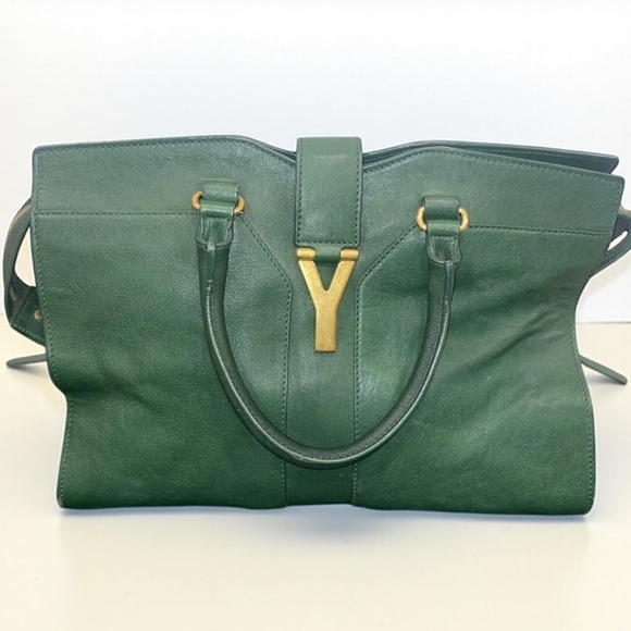 YSL Cabas Chyc Large Tote Green Leather Yves Saint Laurent Y Clasp Bag - Picture 9 of 15